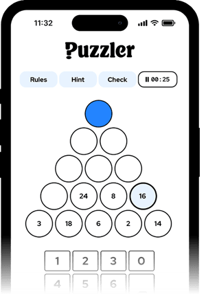 Mobile screen showing the Puzzler app with an Add Up number puzzle in a triangular layout and on‑screen number keypad
