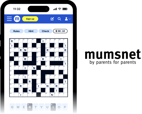 Mobile crossword puzzle interface showing gameplay with Mumsnet branding
