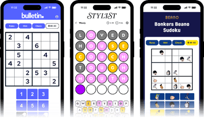 Three branded mobile puzzle interfaces demonstrating sudoku, word-based and themed puzzle experiences across partner platforms