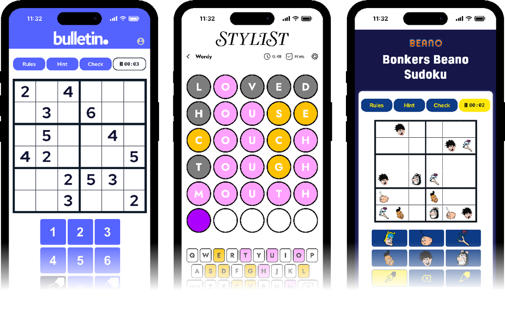 Mobile puzzle interfaces showing puzzle options, codeword and word puzzle gameplay