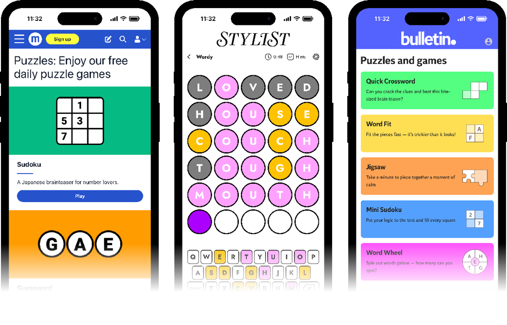 Branded mobile puzzle interfaces showing crossword, codeword and word puzzle gameplay