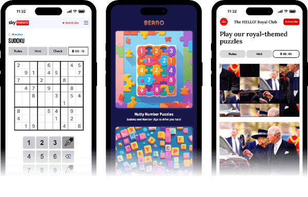 Three branded mobile puzzle interfaces showing number puzzle, jigsaw-style game and content-based puzzle experiences