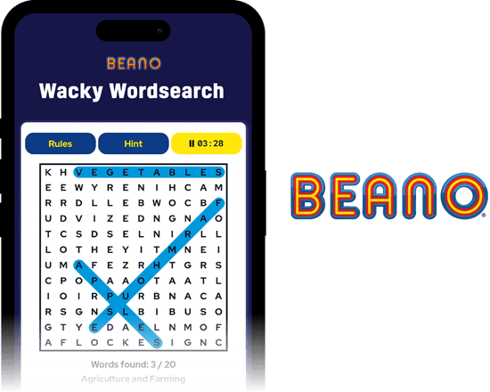 Mobile wordsearch puzzle interface showing highlighted words with Beano branding