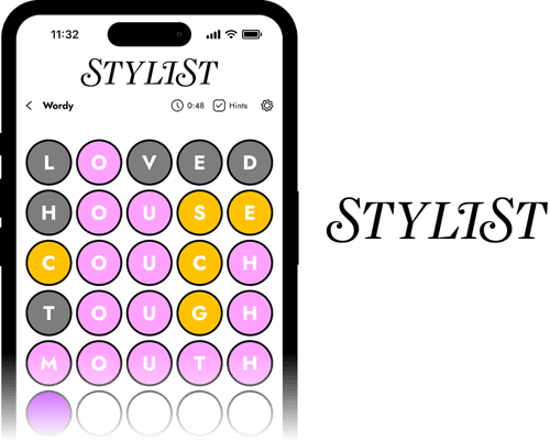 Branded mobile word puzzle interface showing letter guesses with coloured feedback for gameplay