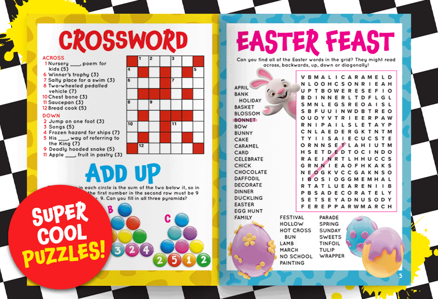 GIF of the colourful inside pages of Junior Puzzles magazine.