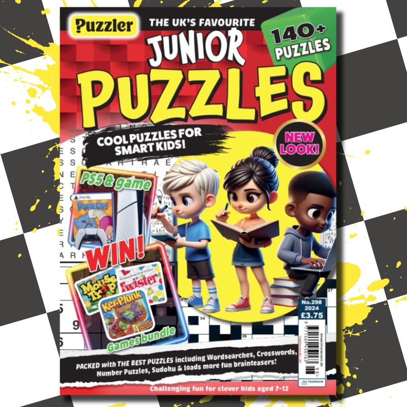 Cover of Junior Puzzles Magazine on a chequerboard background with yellow paint splats.