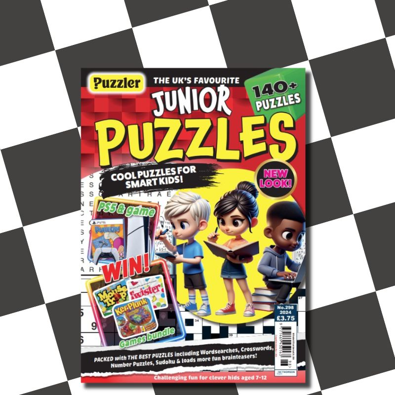 The cover of Junior Puzzles magazine on chequerboard background.