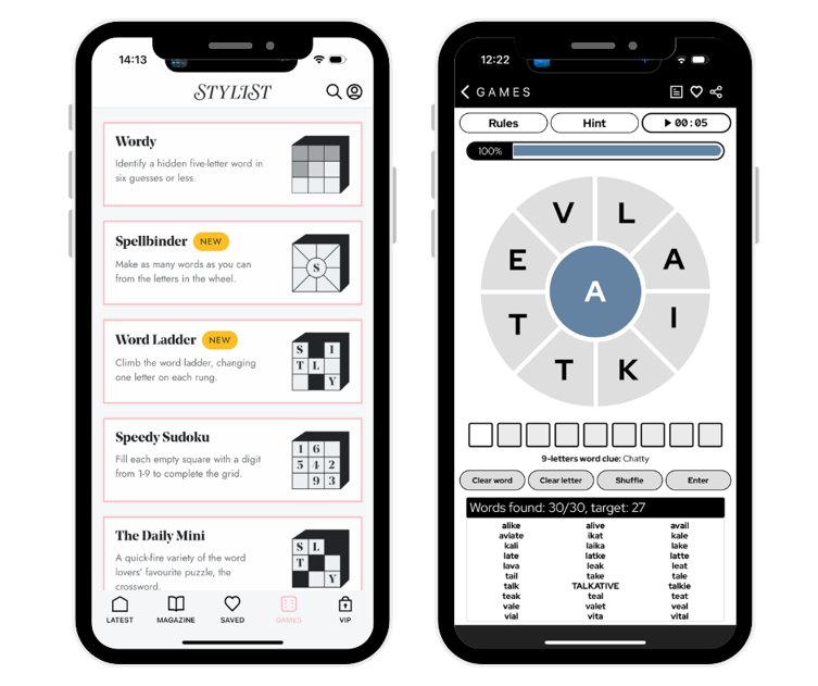 2 iPhone Screens showing Stylist Games home page and Word Wheel Puzzle