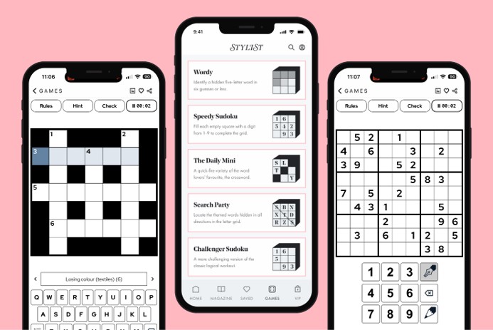 3 iPhone Screens showing Stylist Games interface